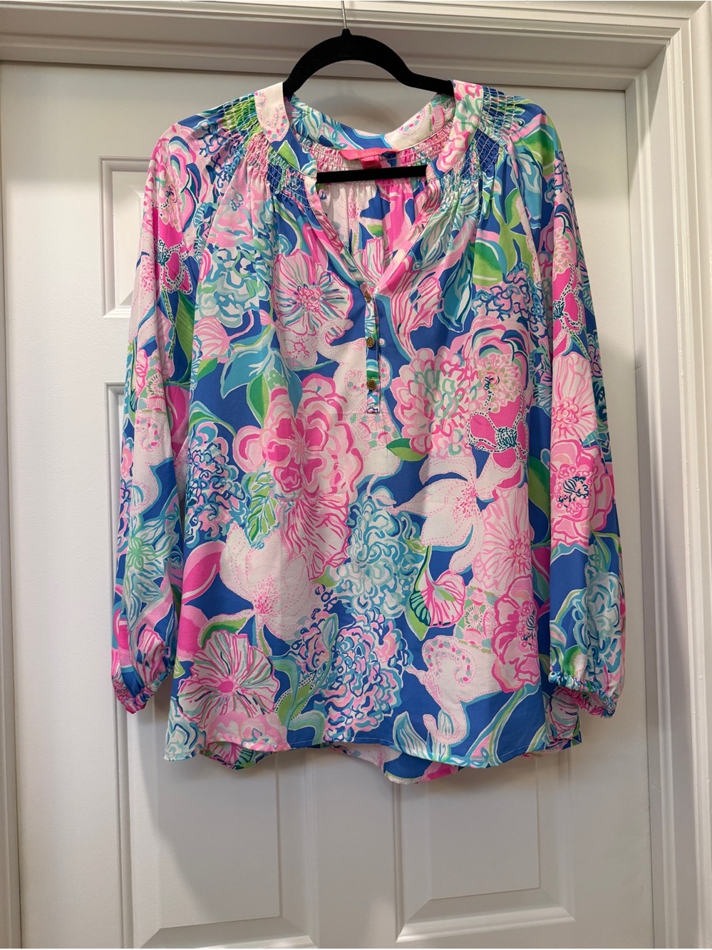 Lilly Pulitzer Elsa Pink & Blue Floral Smocked Split-Neck Blouse